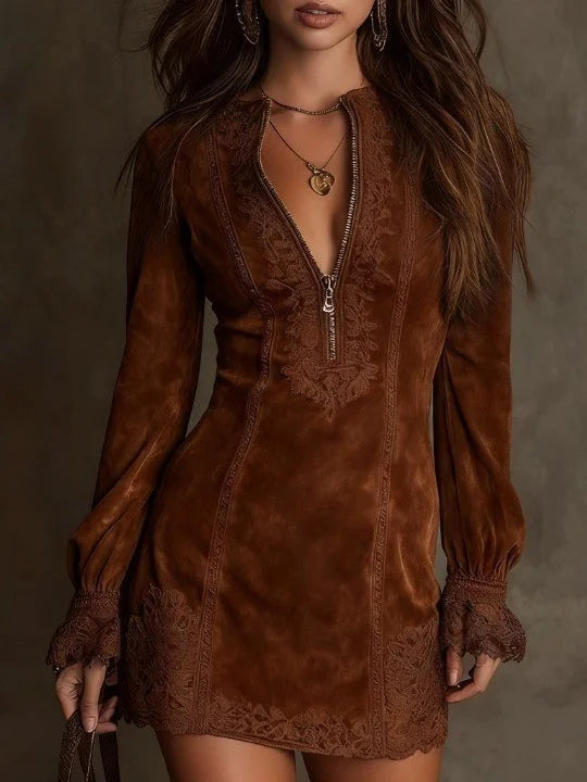Lunori™ | Abito mini scamosciato Aurora con pizzo